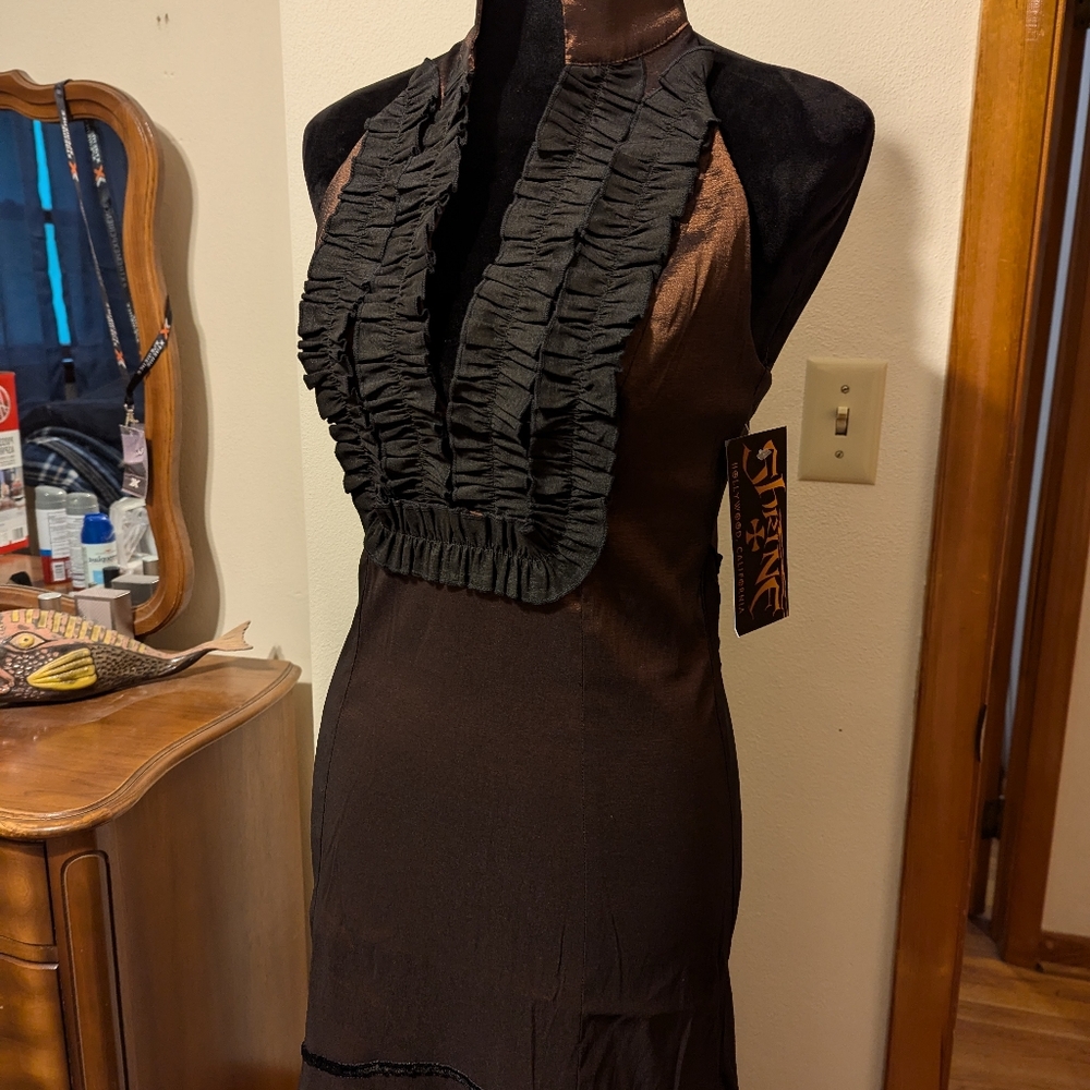 RARE NWT Shrine Hollywood bronze steampunk Gothic full  halter evening gown - Picture 2 of 10